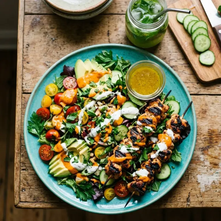 Chopped Buffalo Chicken Skewer Salad with vibrant vegetables and spicy dressing