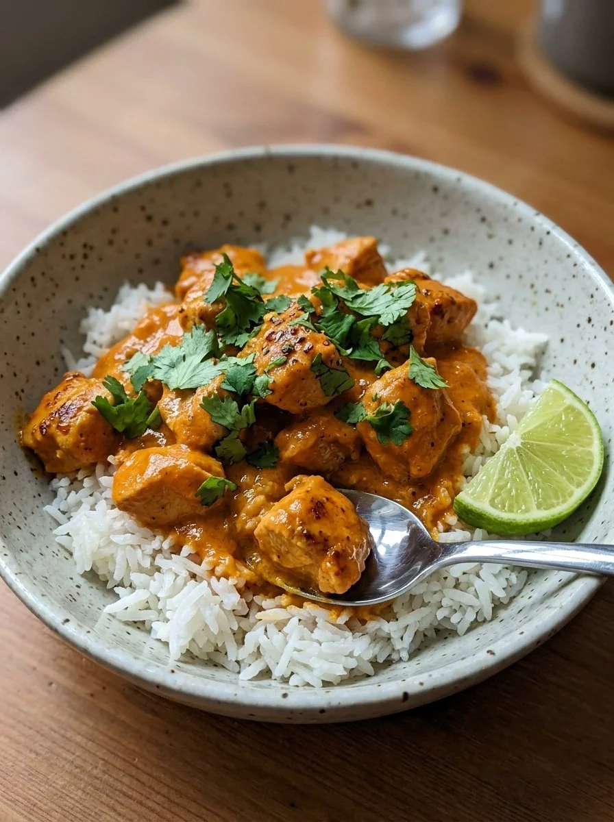 Delicious Coconut Chicken Rice Bowl topped with fresh herbs and served in a bowl