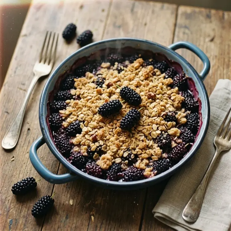Delicious cozy mulberry crisp dessert topped with crunchy oats