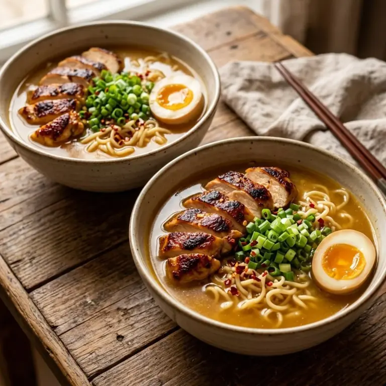 Creamy garlic chicken ramen bowl with vibrant vegetables and noodles.