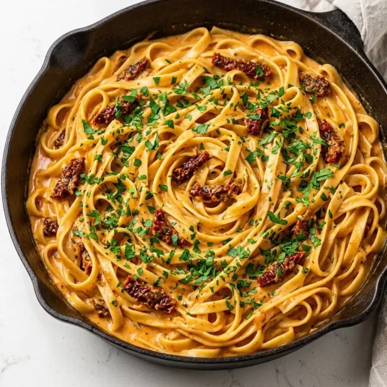 Creamy vegan sun-dried tomato pasta served in a bowl with fresh herbs.