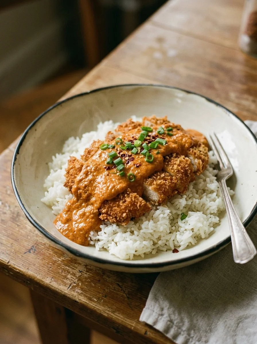 Plate of crispy chicken with creamy spicy sauce over jasmine rice