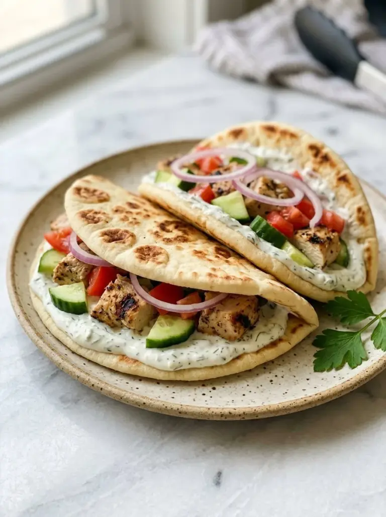 Crockpot Greek Chicken Pitas topped with tzatziki sauce and fresh vegetables