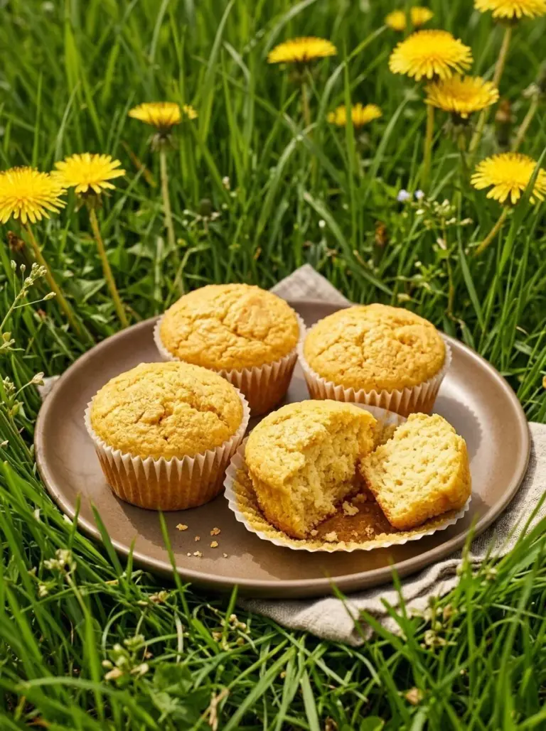 Dandelion muffins baked to perfection, showcasing the unique flavor of dandelions.