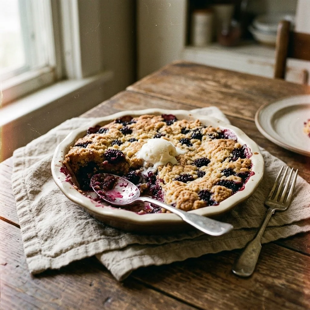 Delicious mulberry dump cake dessert topped with fresh mulberries and whipped cream
