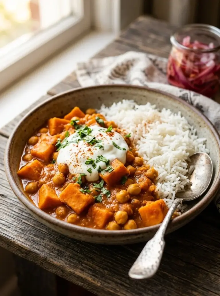 Bowl of delicious sweet potato and chickpea curry garnished with fresh herbs