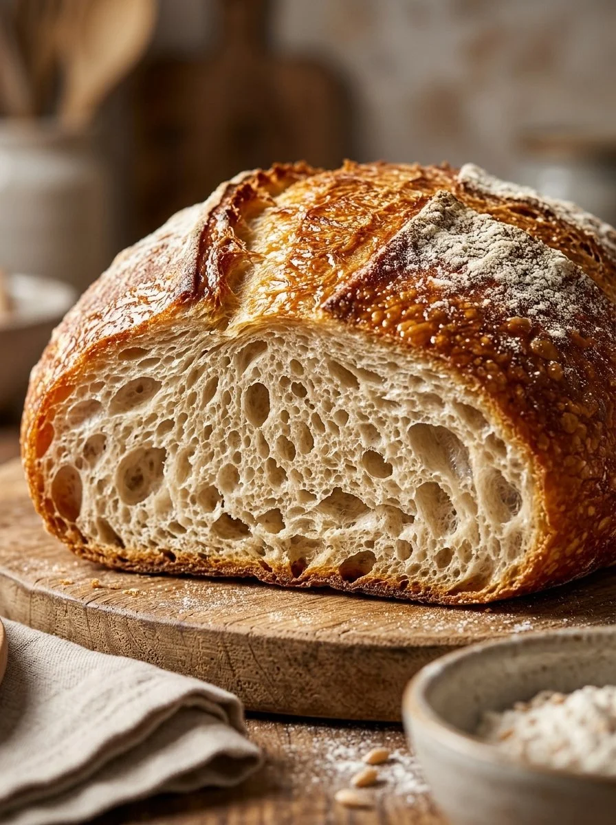 Freshly baked zero carb yogurt bread on a wooden table