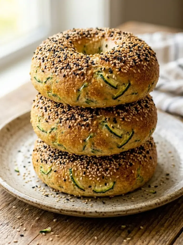 Healthy homemade zucchini bagels garnished with herbs on a wooden plate.