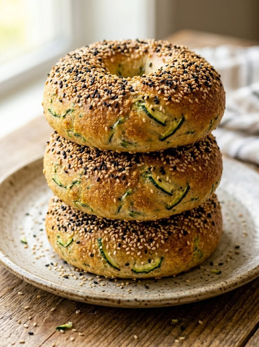 Healthy homemade zucchini bagels garnished with herbs on a wooden plate.