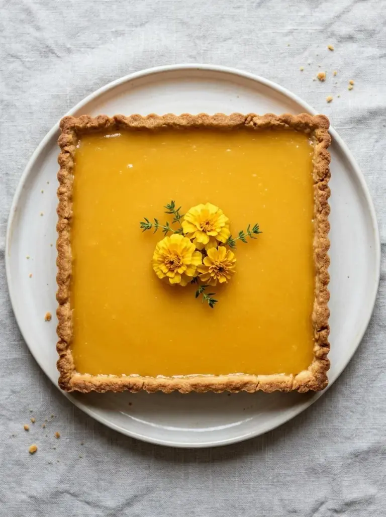 A slice of Delightful Dandelion Cream Pie topped with fresh dandelion flowers.