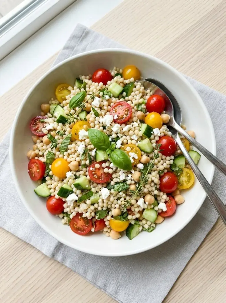 Fresh cherry tomato couscous salad with vibrant vegetables in a bowl.