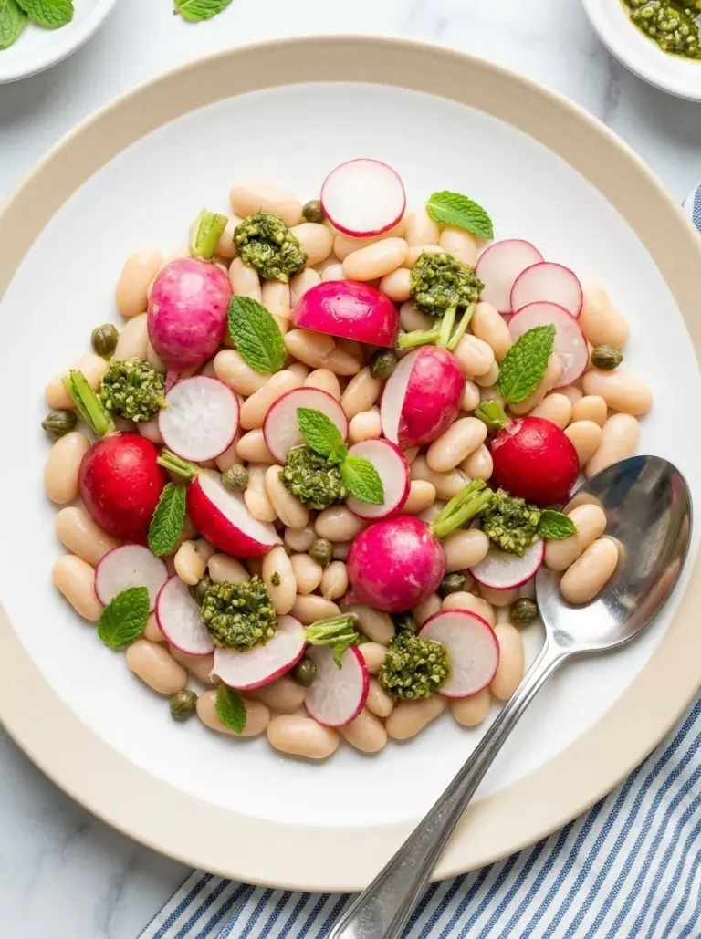 Fresh radish salad served with radish top pesto in a bowl