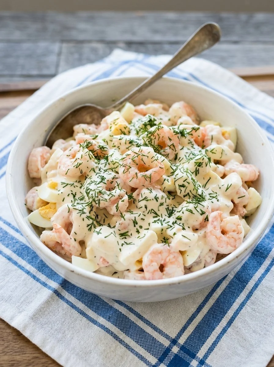 Delightfully fresh shrimp salad with colorful vegetables and dressing