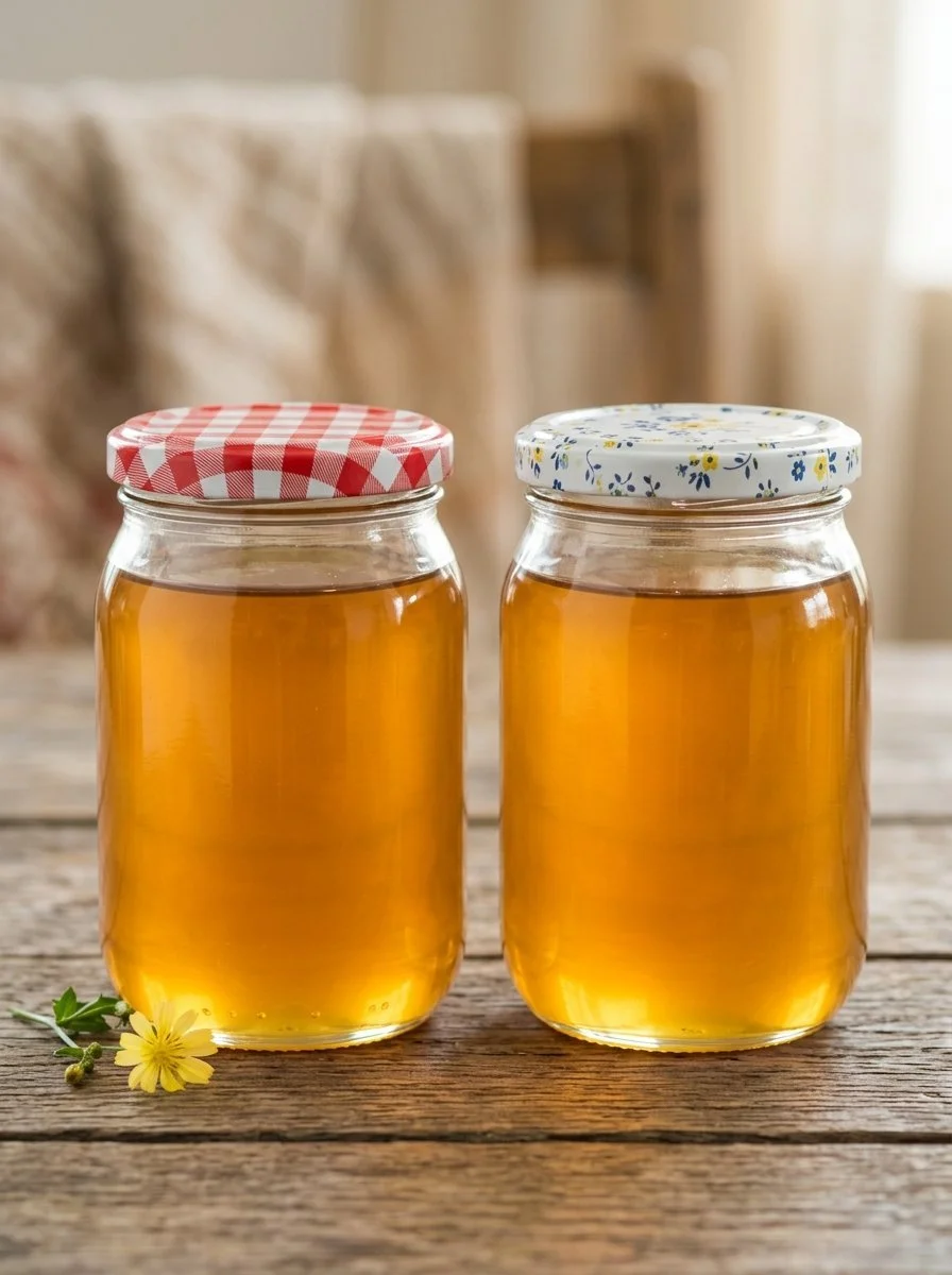 Homemade dandelion syrup in a jar with fresh dandelion flowers.