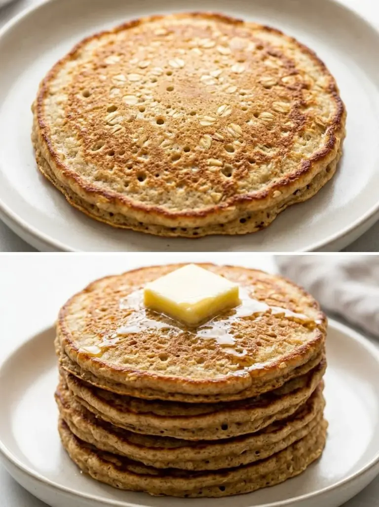 Fluffy oatmeal pancakes without banana topped with syrup and berries