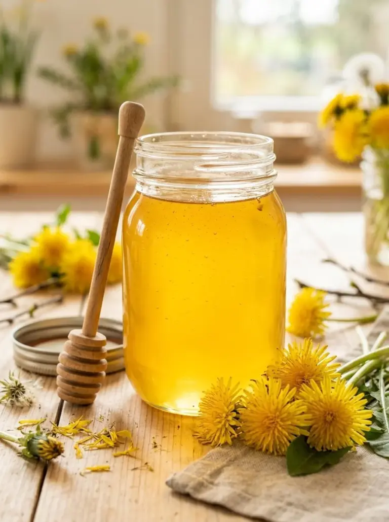 Jar of fresh dandelion jelly with dandelion flowers in the background