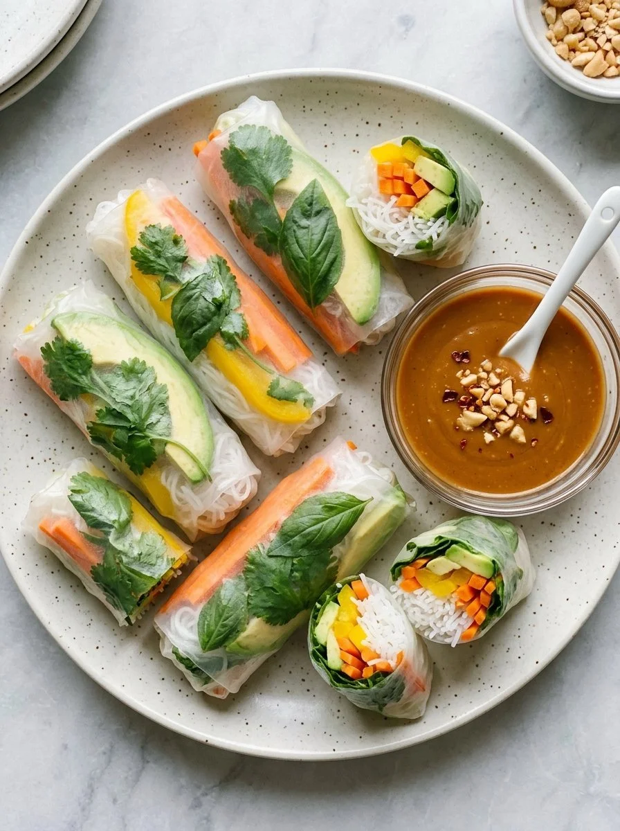 Freshly made spring rolls with colorful vegetables and shrimp