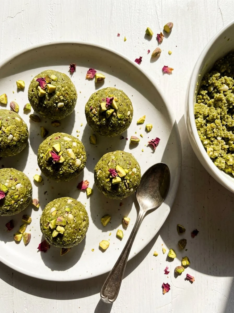 A bowl of Green Energy Balls No Oats made with natural ingredients.