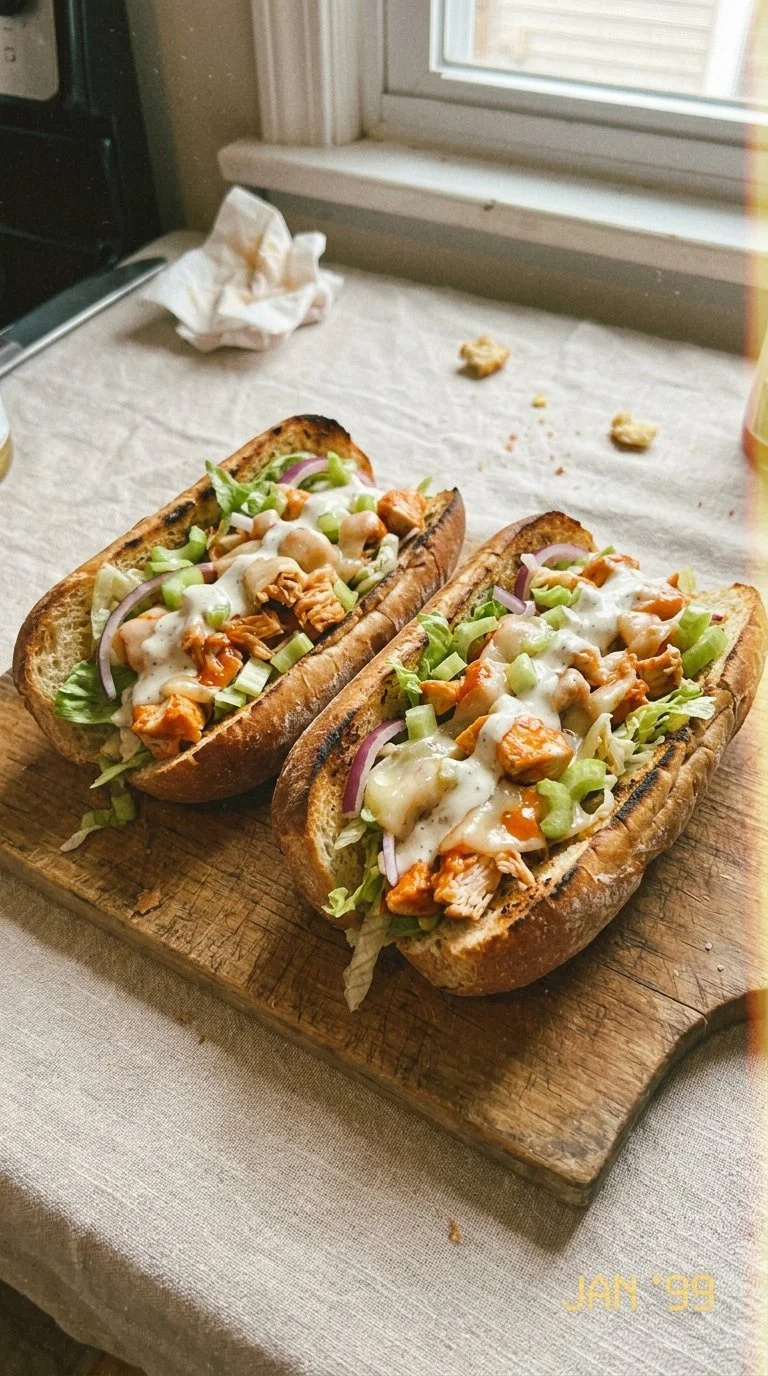 Delicious grilled Buffalo chicken sub sandwich with lettuce and sauce