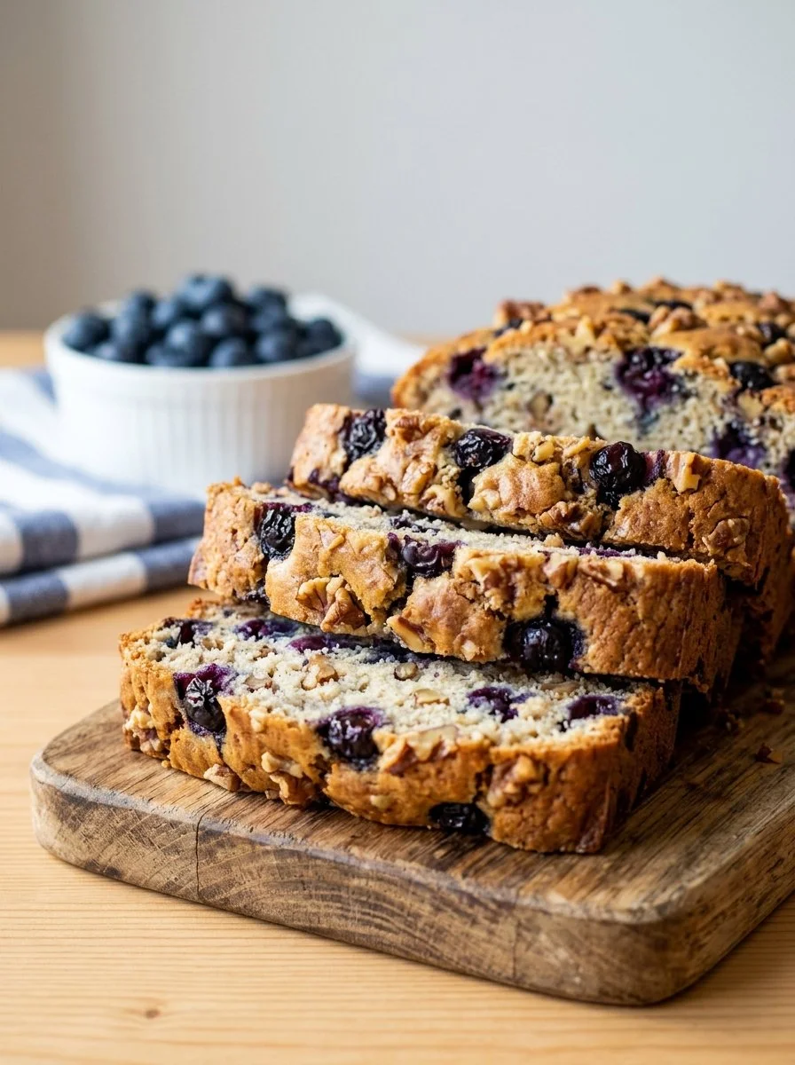 Healthy blueberry banana bread made without added sugar, paleo-friendly recipe