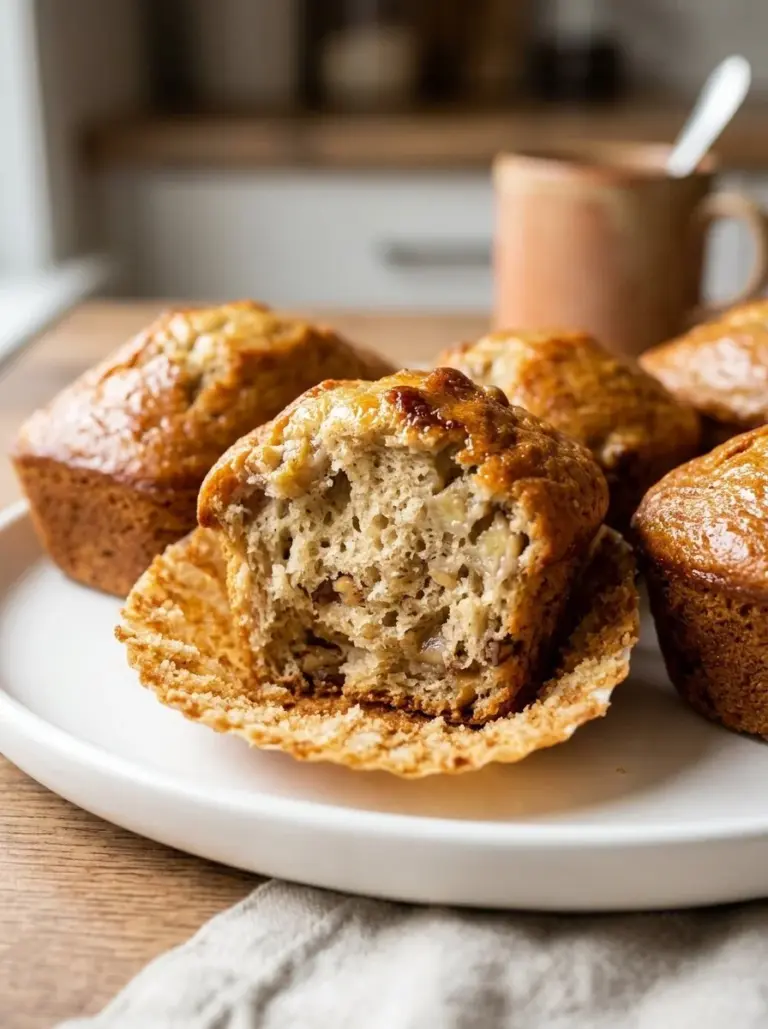 Healthy Greek yogurt banana muffins on a kitchen counter