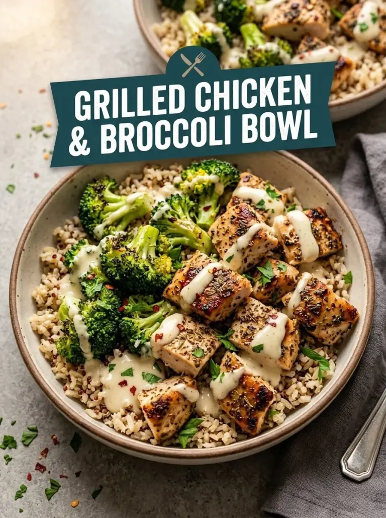 Healthy grilled chicken broccoli bowls with creamy garlic sauce
