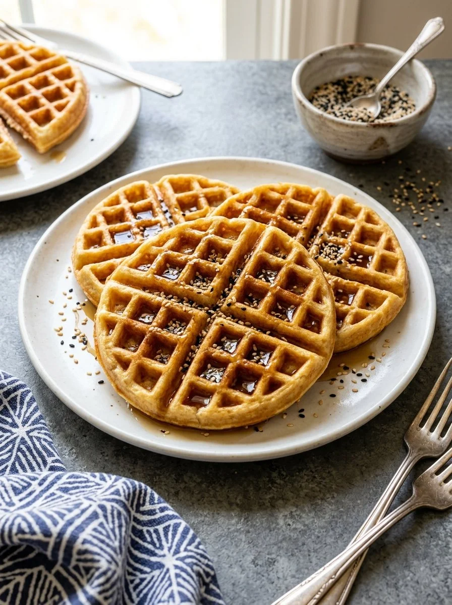 Healthy hemp protein waffles topped with fresh fruit and syrup
