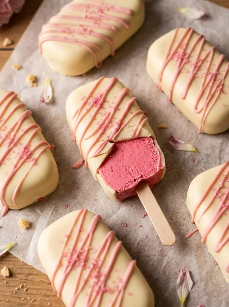 Healthy strawberry frozen yogurt bars on a wooden surface