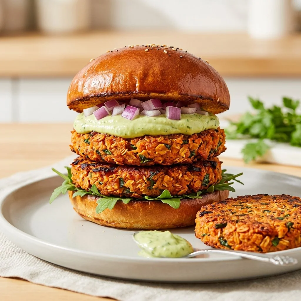 Healthy sweet potato lentil patties served on a plate with fresh herbs.