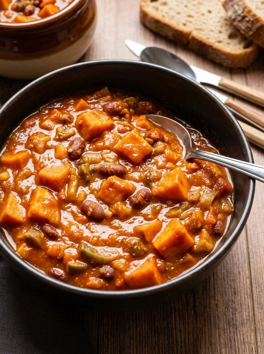 Bowl of hearty vegan sweet potato stew with fresh herbs and colorful vegetables