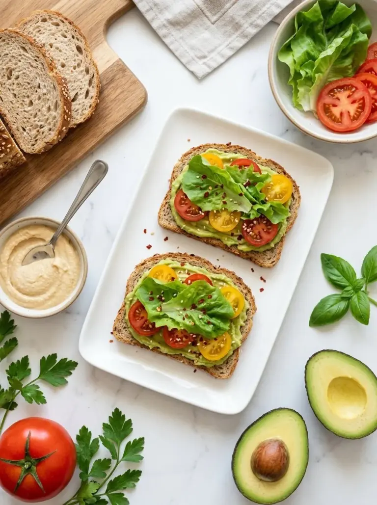 Heirloom tomato sandwich with fresh ingredients on a rustic wooden table.