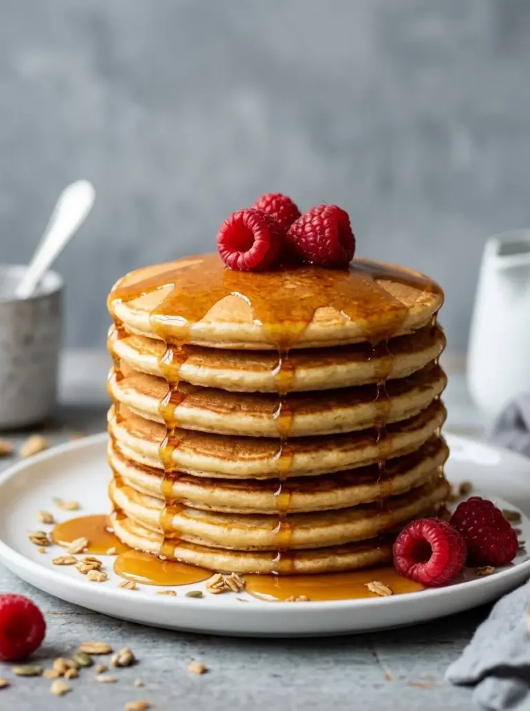 Hemp Protein Pancakes served on a plate with fresh fruit and maple syrup