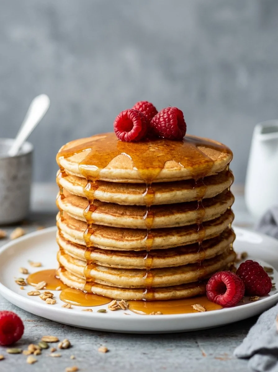 Hemp Protein Pancakes served on a plate with fresh fruit and maple syrup
