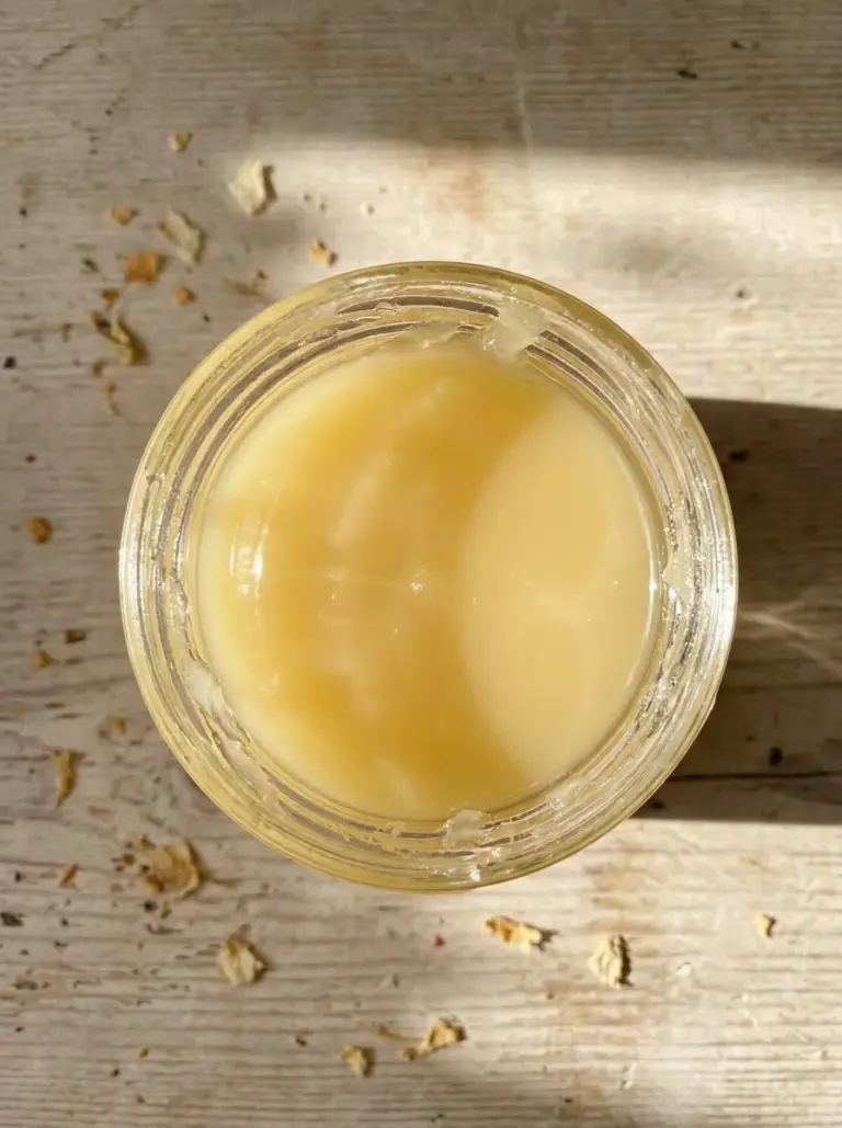 A jar of creamy homemade coconut butter on a wooden table.