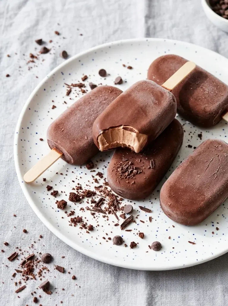 Homemade fudgesicles made with coconut milk in a colorful ice pop mold.