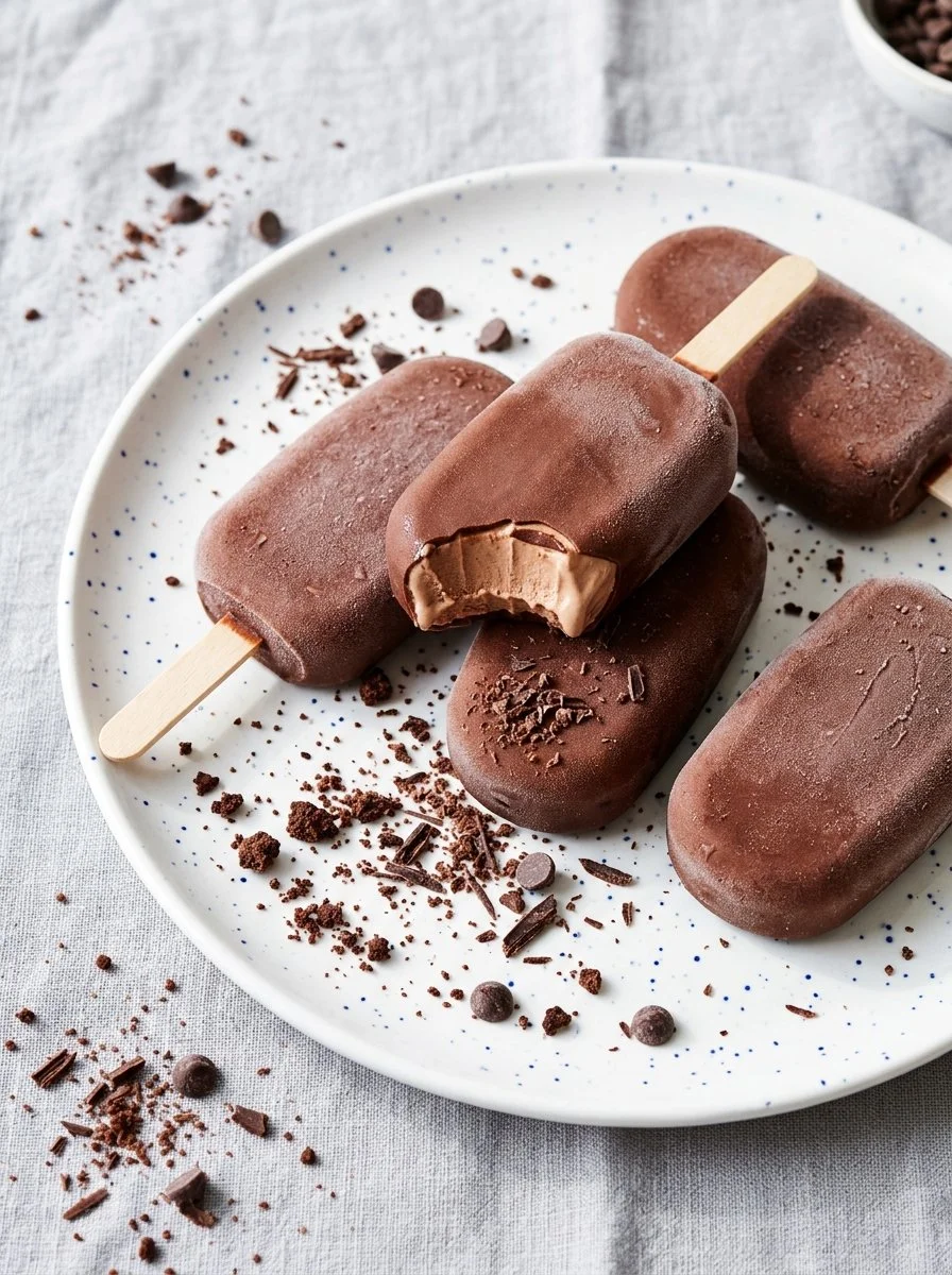Homemade fudgesicles made with coconut milk in a colorful ice pop mold.