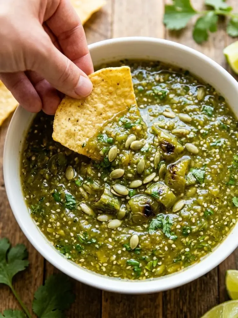 Homemade tomatillo green sauce served in a bowl with fresh ingredients