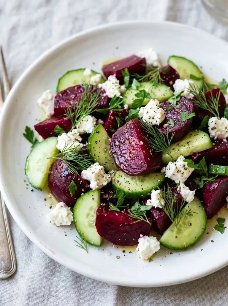 Irresistible beet feta salad with cucumber and dill on a serving plate