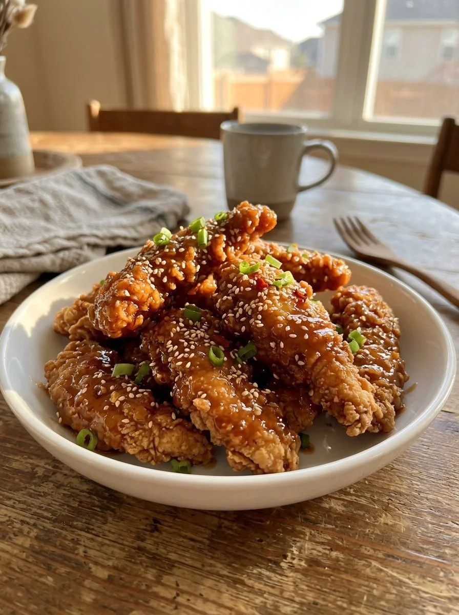 Plate of tasty honey mustard tofu tenders with dipping sauce