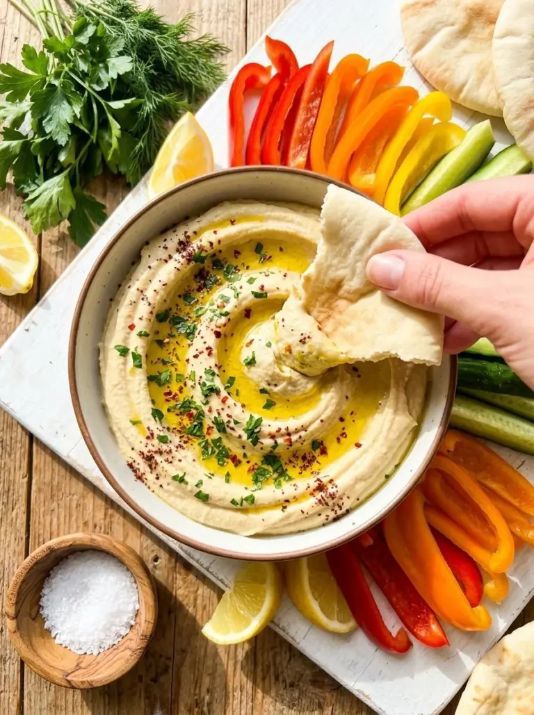 Irresistibly creamy Baba Ganoush served with pita and vegetables