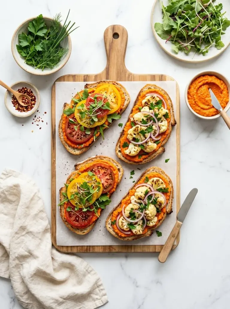 Delicious Romesco Cauliflower Sandwiches served on a rustic platter