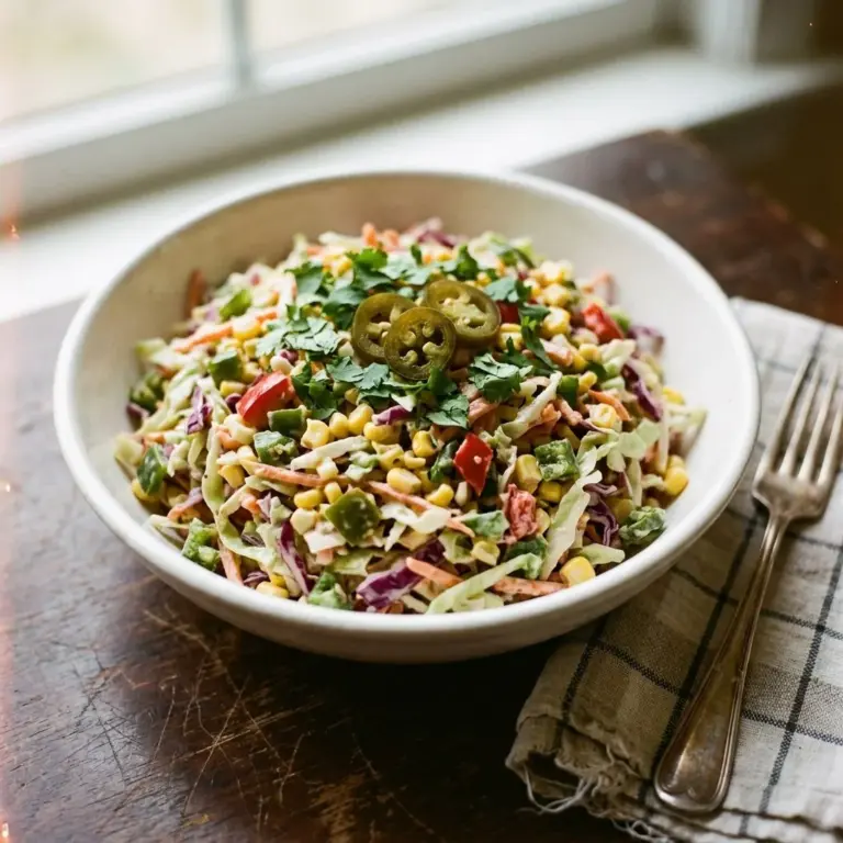 Delicious jalapeño corn coleslaw in a bright bowl garnished with cilantro.