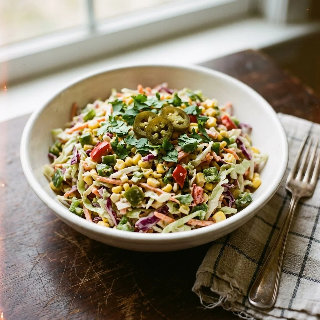 Delicious jalapeño corn coleslaw in a bright bowl garnished with cilantro.