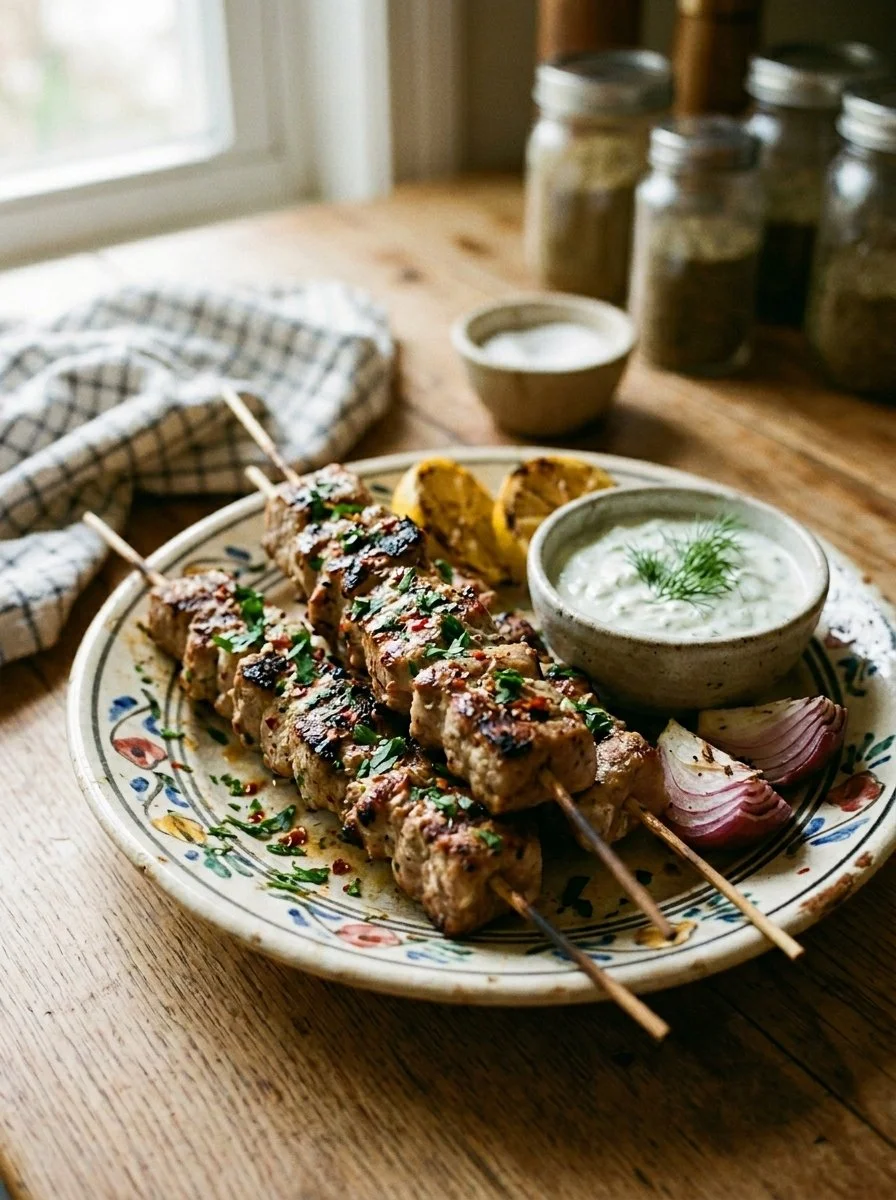 A plate of Kontosouvli, showcasing marinated and grilled meat served with traditional sides.