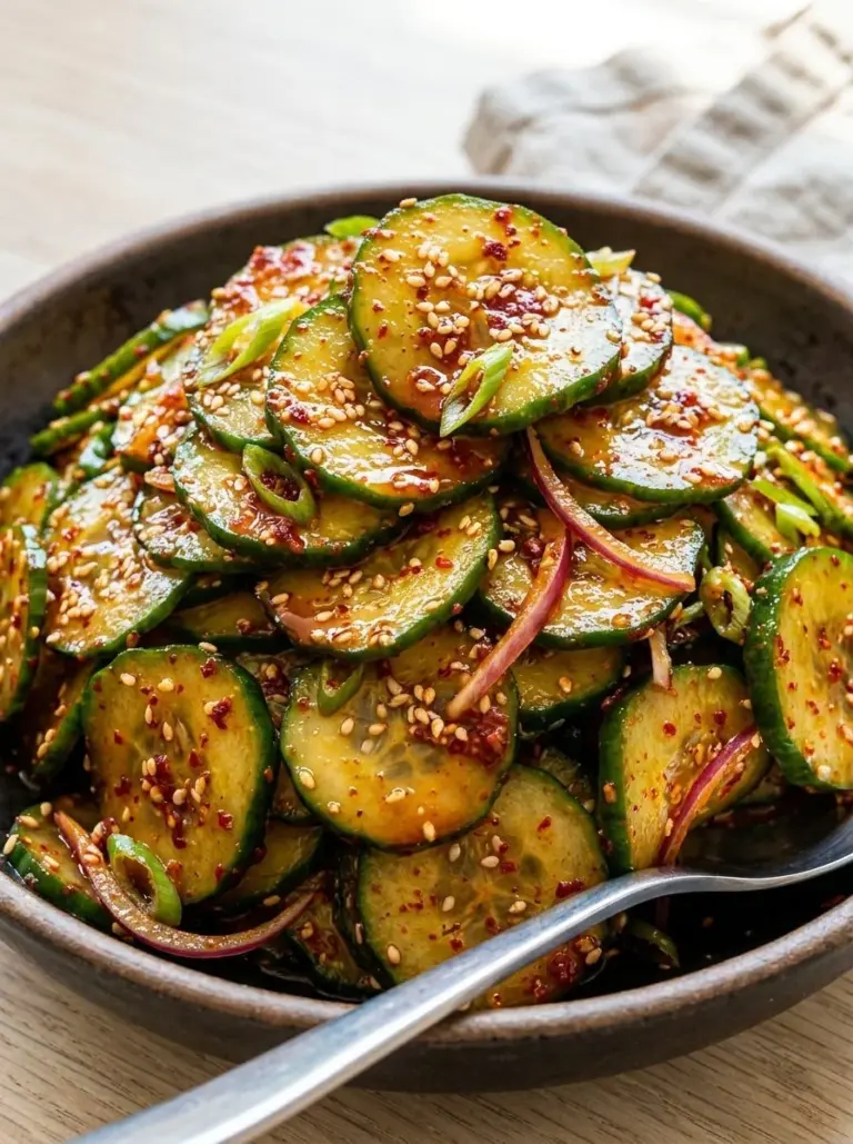 Delicious Korean cucumber salad served in a bowl with sesame seeds and chili flakes.