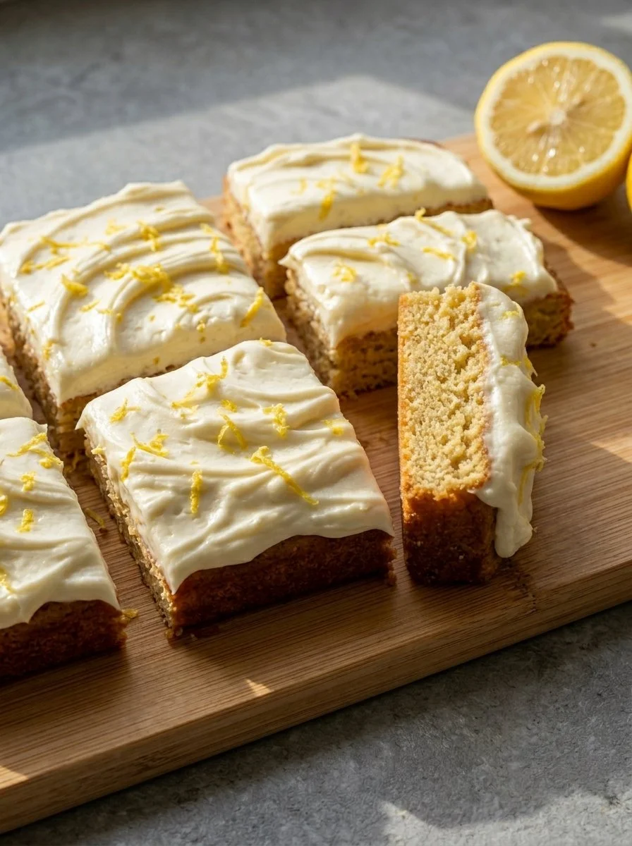 Freshly baked gluten-free lemon cookie bars topped with lemon zest and powdered sugar