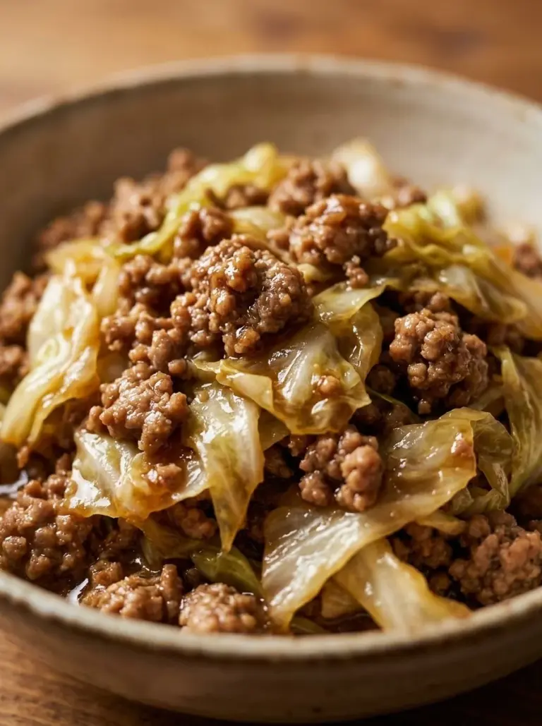 Low carb Mongolian ground beef served with cabbage in a healthy recipe