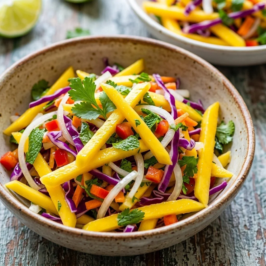 Colorful Mango Slaw with fresh mango, cabbage, and zesty dressing in a bowl.