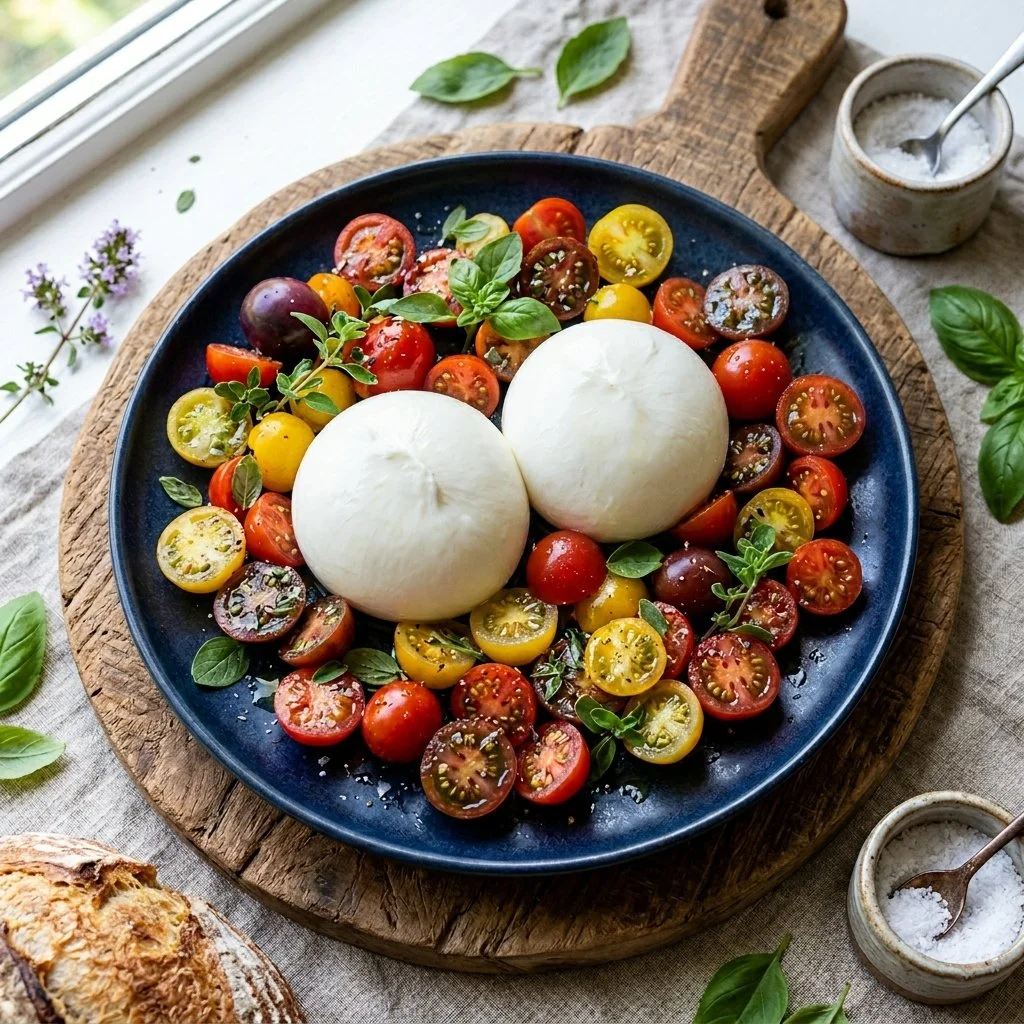 Marinated cherry tomatoes served with burrata cheese on a rustic wooden table.