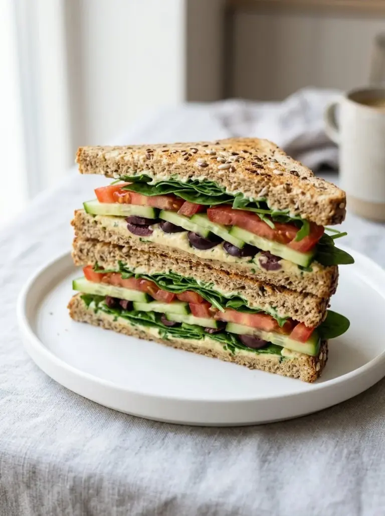Mediterranean veggie sandwich with fresh vegetables and herbs
